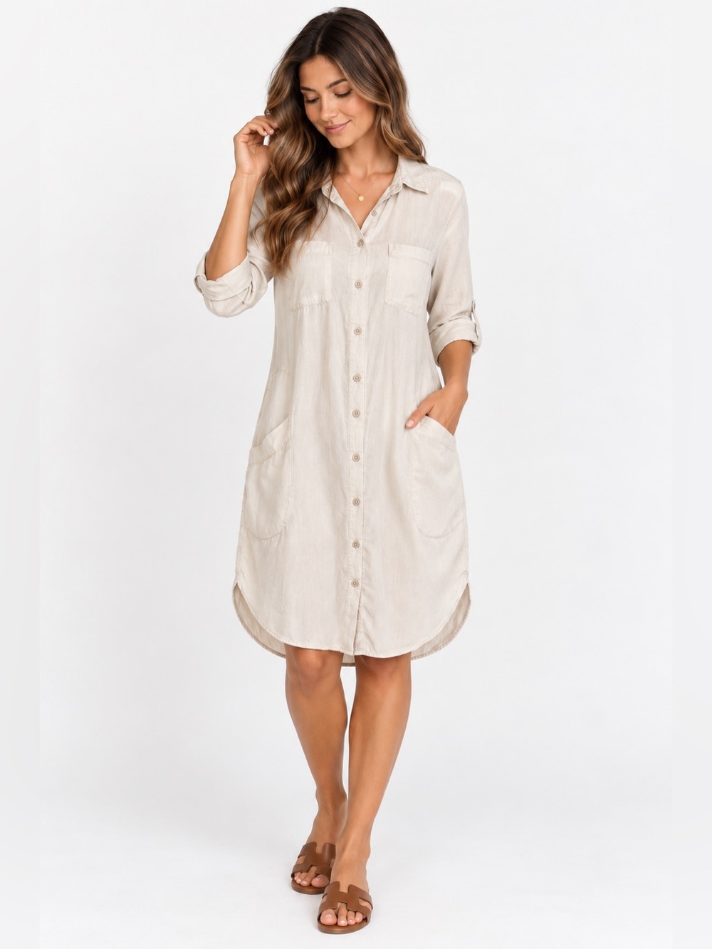 Cloth & Stone Tencel Button-Front Beige Shirt Dress with Pockets